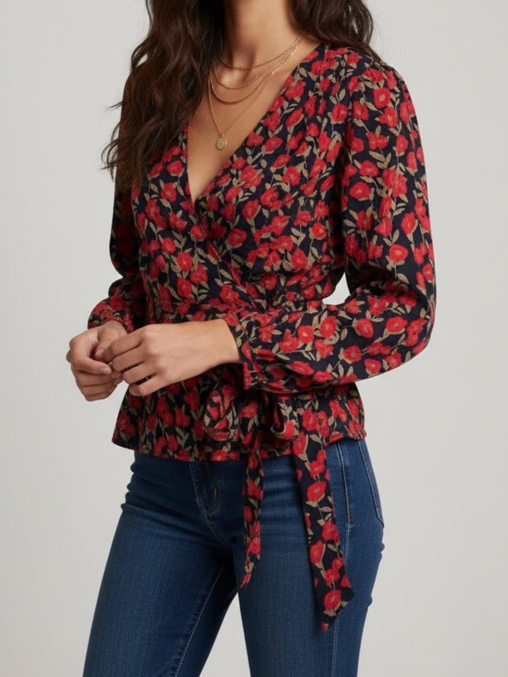 The Cause Collection 100% Silk Floral True Wrap Balloon Sleeve Top Blouse Small